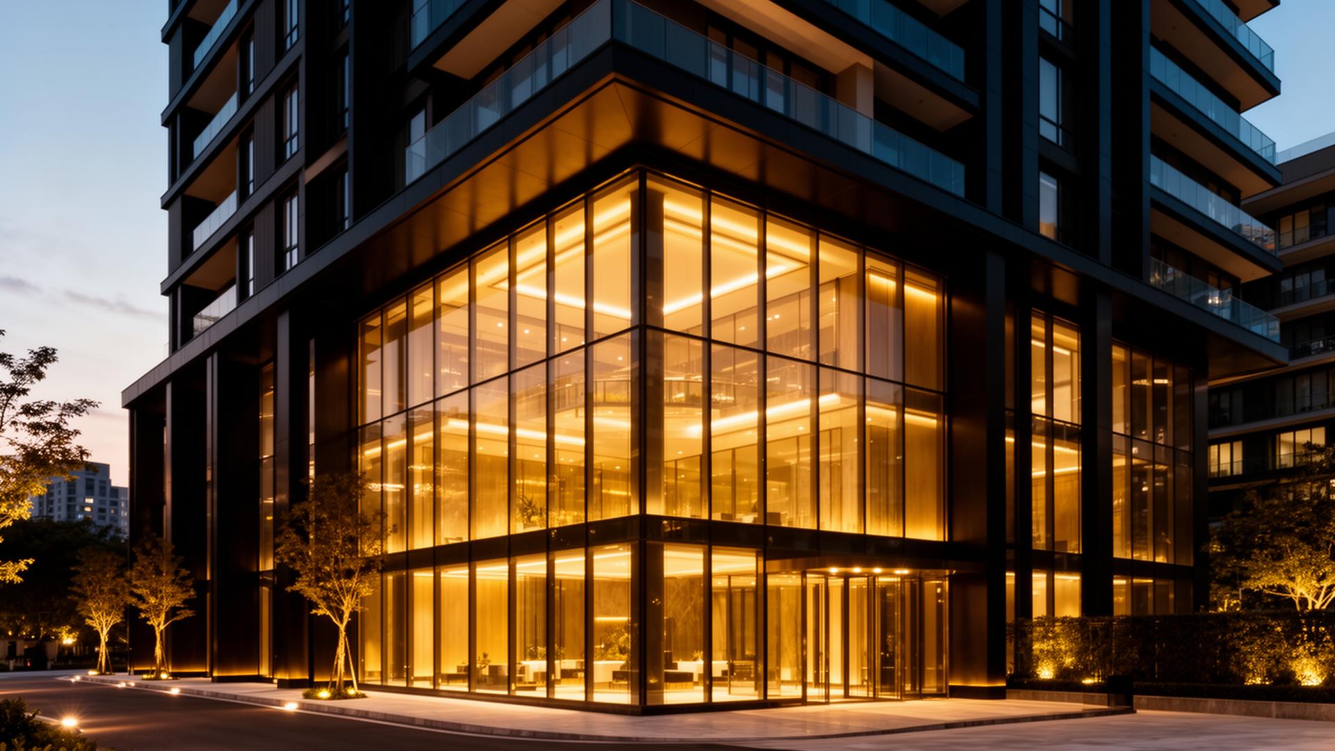 Edificio insignia By Mana iluminado al atardecer